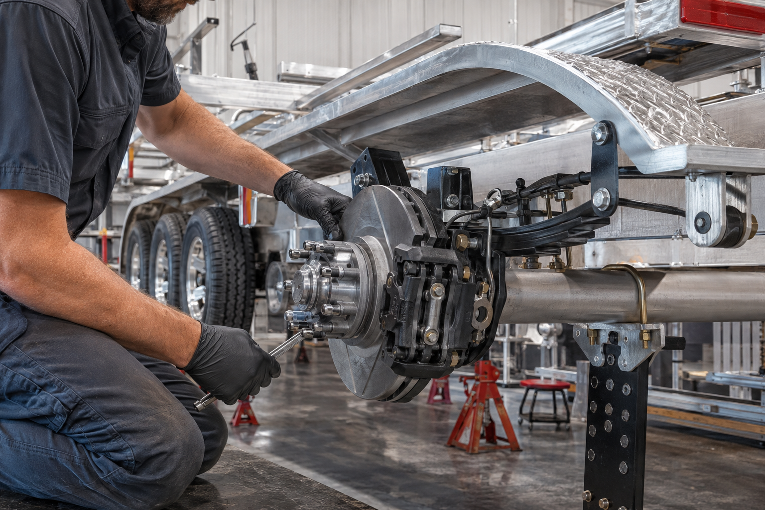 Technician servicing a boat trailer brake and hub assembly